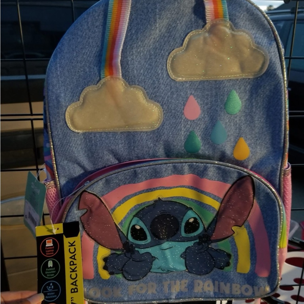 Stitch Denim Kids Backpack with Rainbow Straps